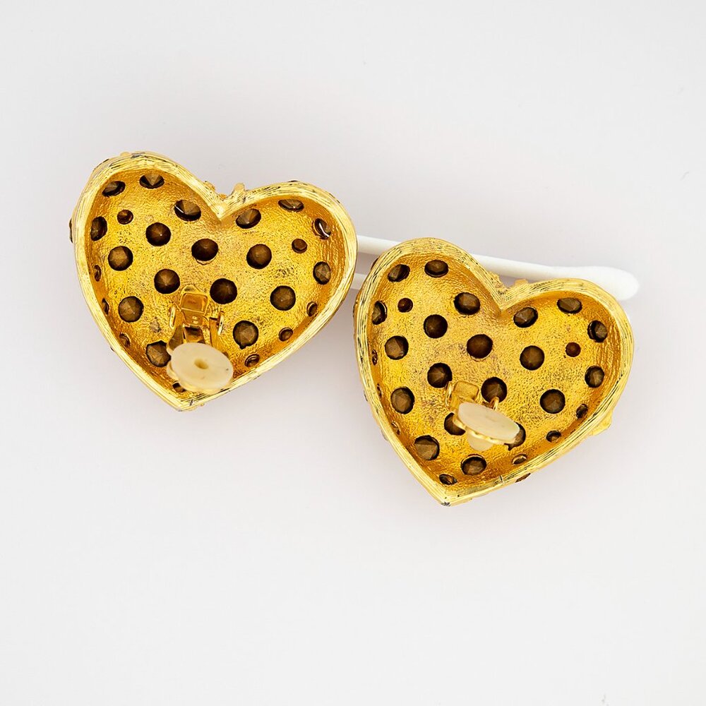 Clip On Crystal Rhinestone Heart Earrings Gold Tone Glamorous Sparkle Statement - Picture 4 of 7